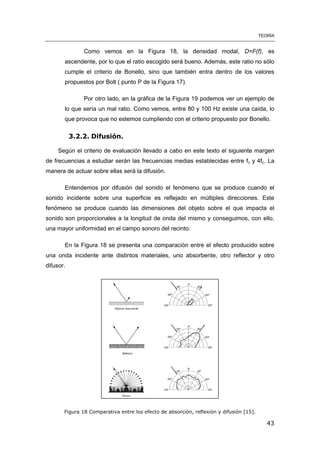 TEORÍA
43
Como vemos en la Figura 18, la densidad modal, D=F(f), es
ascendente, por lo que el ratio escogido será bueno. Además, este ratio no sólo
cumple el criterio de Bonello, sino que también entra dentro de los valores
propuestos por Bolt ( punto P de la Figura 17).
Por otro lado, en la gráfica de la Figura 19 podemos ver un ejemplo de
lo que sería un mal ratio. Como vemos, entre 80 y 100 Hz existe una caída, lo
que provoca que no estemos cumpliendo con el criterio propuesto por Bonello.
3.2.2. Difusión.
Según el criterio de evaluación llevado a cabo en este texto el siguiente margen
de frecuencias a estudiar serán las frecuencias medias establecidas entre fc y 4fc. La
manera de actuar sobre ellas será la difusión.
Entendemos por difusión del sonido el fenómeno que se produce cuando el
sonido incidente sobre una superficie es reflejado en múltiples direcciones. Este
fenómeno se produce cuando las dimensiones del objeto sobre el que impacta el
sonido son proporcionales a la longitud de onda del mismo y conseguimos, con ello,
una mayor uniformidad en el campo sonoro del recinto.
En la Figura 18 se presenta una comparación entre el efecto producido sobre
una onda incidente ante distintos materiales, uno absorbente, otro reflector y otro
difusor.
Figura 18 Comparativa entre los efecto de absorción, reflexión y difusión [15].
 