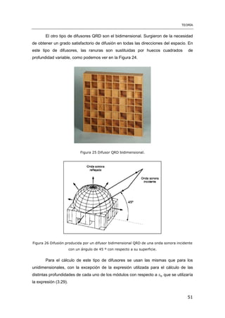 TEORÍA
51
El otro tipo de difusores QRD son el bidimensional. Surgieron de la necesidad
de obtener un grado satisfactorio de difusión en todas las direcciones del espacio. En
este tipo de difusores, las ranuras son sustituidas por huecos cuadrados de
profundidad variable, como podemos ver en la Figura 24.
Figura 25 Difusor QRD bidimensional.
Figura 26 Difusión producida por un difusor bidimensional QRD de una onda sonora incidente
con un ángulo de 45 º con respecto a su superficie.
Para el cálculo de este tipo de difusores se usan las mismas que para los
unidimensionales, con la excepción de la expresión utilizada para el cálculo de las
distintas profundidades de cada uno de los módulos con respecto a que se utilizaría
la expresión (3.29).
 
