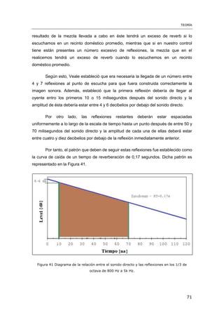 TEORÍA
71
resultado de la mezcla llevada a cabo en éste tendrá un exceso de reverb si lo
escuchamos en un recinto doméstico promedio, mientras que si en nuestro control
tiene están presentes un número excesivo de reflexiones, la mezcla que en el
realicemos tendrá un exceso de reverb cuando lo escuchemos en un recinto
doméstico promedio.
Según esto, Veale estableció que era necesaria la llegada de un número entre
4 y 7 reflexiones al punto de escucha para que fuera construida correctamente la
imagen sonora. Además, estableció que la primera reflexión debería de llegar al
oyente entro los primeros 10 o 15 milisegundos después del sonido directo y la
amplitud de ésta debería estar entre 4 y 6 decibelios por debajo del sonido directo.
Por otro lado, las reflexiones restantes deberán estar espaciadas
uniformemente a lo largo de la escala de tiempo hasta un punto después de entre 50 y
70 milisegundos del sonido directo y la amplitud de cada una de ellas deberá estar
entre cuatro y diez decibelios por debajo de la reflexión inmediatamente anterior.
Por tanto, el patrón que deben de seguir estas reflexiones fue establecido como
la curva de caída de un tiempo de reverberación de 0,17 segundos. Dicha patrón es
representado en la Figura 41.
Figura 41 Diagrama de la relación entre el sonido directo y las reflexiones en los 1/3 de
octava de 800 Hz a 5k Hz.
 