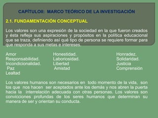 CAPÍTULOII: MARCO TEÓRICO DE LA INVESTIGACIÓN

2.1. FUNDAMENTACIÓN CONCEPTUAL

Los valores son una expresión de la sociedad en la que fueron creados
y ésta refleja sus aspiraciones y propósitos en la política educacional
que se traza, definiendo así qué tipo de persona se requiere formar para
que responda a sus metas e intereses.

Amor                    Honestidad.                     Honradez.
Responsabilidad.        Laboriosidad.                   Solidaridad.
Incondicionalidad.      Libertad                        Justicia
 Paz                    Amistad                         Comprensión
Lealtad

Los valores humanos son necesarios en todo momento de la vida, son
los que nos hacen ser aceptados ante los demás y nos abren la puerta
hacia la interrelación adecuada con otras personas. Los valores son
convicciones profundas de los seres humanos que determinan su
manera de ser y orientan su conducta.
 