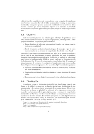 eﬁciente que les permitiese seguir respondiendo a sus preguntas de una forma
más barata y escalable. Por ello deciden usar machine learning en un sistema
distribuido, para poder generar un modelo reutilizable de la fuente de datos
masiva. Debido a que buscan respuestas rápidas, no es necesario un resultado
exacto, basta con que sea aproximado pero que no tenga un coste computacional
alto.
1.2. Objetivos
Este documento propone una solución para este tipo de problemas y los
retos anteriormente expuestos. El algoritmo propuesto para responder a estas
preguntas es Belief Propagation por dos motivos:
Es un algoritmo de inferencia aproximado e iterativo con buenas caracte-
rísticas de complejidad
Puede formularse mediante el patrón de paso de mensajes y por lo tanto
implementable en un sistema de computación distribuida como Spark
Cabe decir, que el algoritmo es sólamente una parte de la aplicación completa
que el caso de uso anteriormente expuesto necesitaría. En lugar de proponer
una solución completa de principio a ﬁn el objetivo es analizar en concreto el
algoritmo y su implementación debido al interés explicado en el primer párrafo
de la introducción. El resto de componentes, como la interfície de usuario, el
almacenamiento de los datos, el despligue de la aplicación, entre otros, quedan
fuera del propósito de este proyecto. Por lo que los objetivos serán los siguientes:
Aprender y exponer los conocimientos necesarios para entender el algorit-
mo Belief Propagation
Analizar las posibles soluciones tecnológicas en cuanto al sistema de compu-
tación
Implementar y testear el algoritmo en una de estas soluciones tecnológicas
1.3. Planificación
Para llevar a cabo el proyecto se desarrolló una planiﬁcación como la que
ﬁgura en la tabla 1. Aunque no ha habido desviaciones signiﬁcativas la im-
plementación y la elaboración de la memoria llevarn más tiempo del previsto.
Además de las tareas se planiﬁcó la asistencia a los siguientes eventos rela-
cionados con la comunidad de aprendizje máquina y sistemas de computación
distribuidos en Barcelona con el objetivo de reforzar los conocimientos y conocer
experiencias de estos sectores. Los eventos que ﬁguran en tabla 2 pertenecen al
Grup d’estudi de machine learing de Barcelona1
y el Barcelona Spark Meetup2
y las conferencias PAPIs.io3
y NoSql Matters Bcn4
.
1http://www.meetup.com/Grup-destudi-de-machine-learning-de-Barcelona
2http://www.meetup.com/Spark-Barcelona/
3http://www.papis.io/
4http://2014.nosql-matters.org/bcn/homepage/
5
 