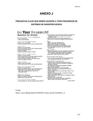 Anexos



                                   ANEXO J

PREGUNTAS CLAVE QUE DEBEN HACERSE A TODO PROVEEDOR DE
                      SISTEMAS DE RADIOFRECUENCIA




Fuente:
Smart , Laura. Making Sense of RFID EN: Library Journal; Fall 2004; p. 4




                                                                             133
 