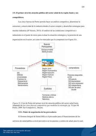 105
3.5. El primer nivel de atención pública del sector salud de la región Junín y sus
competidores
Las cinco fuerzas de Porter permite hacer un análisis competitivo, determinar la
estructura y atractividad de la industria donde el sector compite y desarrollar estrategias para
muchas industrias (D’Alessio, 2015). El análisis de las condiciones competitivas e
industriales es el punto de inicio para evaluar la situación estratégica y la posición de una
organización en el sector, así como los mercados que lo componen (ver Figura 31) .
Figura 31. Cruz de Porter del primer nivel de atención pública del sector salud Junín.
Adaptado de Las cinco fuerzas competitivas que modelan la estrategia, (p. 31) por M.
Porter, 2009. Ser Competitivo,. Deusto.
3.5.1. Poder de negociación de los proveedores
El Sistema Integral de Salud (SIS) es el proveedor para el financiamiento de los
servicios de salud pública a nivel preventivo en los puestos y centros de salud, para lo cual,
 