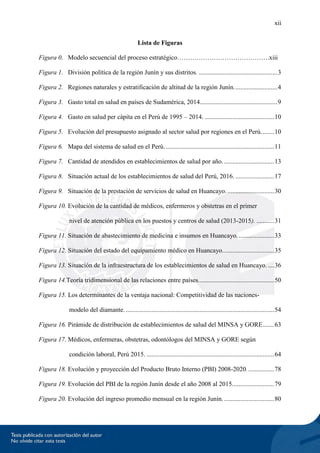 xii
Lista de Figuras
Figura 0. Modelo secuencial del proceso estratégico…………………………………….xiii
Figura 1. División política de la región Junín y sus distritos..................................................3
Figura 2. Regiones naturales y estratificación de altitud de la región Junín...........................4
Figura 3. Gasto total en salud en países de Sudamérica, 2014................................................9
Figura 4. Gasto en salud per cápita en el Perú de 1995 – 2014. ...........................................10
Figura 5. Evolución del presupuesto asignado al sector salud por regiones en el Perú........10
Figura 6. Mapa del sistema de salud en el Perú. ...................................................................11
Figura 7. Cantidad de atendidos en establecimientos de salud por año. ...............................13
Figura 8. Situación actual de los establecimientos de salud del Perú, 2016. ........................17
Figura 9. Situación de la prestación de servicios de salud en Huancayo..............................30
Figura 10. Evolución de la cantidad de médicos, enfermeros y obstetras en el primer
nivel de atención pública en los puestos y centros de salud (2013-2015). ...........31
Figura 11. Situación de abastecimiento de medicina e insumos en Huancayo.......................33
Figura 12. Situación del estado del equipamiento médico en Huancayo................................35
Figura 13. Situación de la infraestructura de los establecimientos de salud en Huancayo.....36
Figura 14.Teoría tridimensional de las relaciones entre países...............................................50
Figura 15. Los determinantes de la ventaja nacional: Competitividad de las naciones-
modelo del diamante. ............................................................................................54
Figura 16. Pirámide de distribución de establecimientos de salud del MINSA y GORE.......63
Figura 17. Médicos, enfermeras, obstetras, odontólogos del MINSA y GORE según
condición laboral, Perú 2015. ...............................................................................64
Figura 18. Evolución y proyección del Producto Bruto Interno (PBI) 2008-2020.................78
Figura 19. Evolución del PBI de la región Junín desde el año 2008 al 2015..........................79
Figura 20. Evolución del ingreso promedio mensual en la región Junín. ...............................80
 