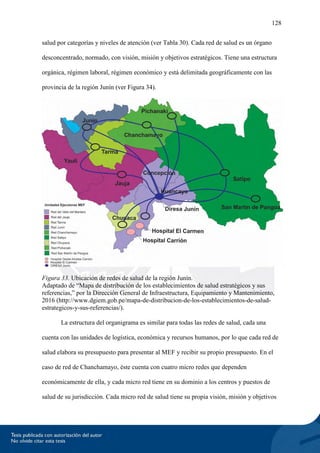 128
salud por categorías y niveles de atención (ver Tabla 30). Cada red de salud es un órgano
desconcentrado, normado, con visión, misión y objetivos estratégicos. Tiene una estructura
orgánica, régimen laboral, régimen económico y está delimitada geográficamente con las
provincia de la región Junín (ver Figura 34).
Figura 33. Ubicación de redes de salud de la región Junín.
Adaptado de “Mapa de distribución de los establecimientos de salud estratégicos y sus
referencias,” por la Dirección General de Infraestructura, Equipamiento y Mantenimiento,
2016 (http://www.dgiem.gob.pe/mapa-de-distribucion-de-los-establecimientos-de-salud-
estrategicos-y-sus-referencias/).
La estructura del organigrama es similar para todas las redes de salud, cada una
cuenta con las unidades de logística, económica y recursos humanos, por lo que cada red de
salud elabora su presupuesto para presentar al MEF y recibir su propio presupuesto. En el
caso de red de Chanchamayo, éste cuenta con cuatro micro redes que dependen
económicamente de ella, y cada micro red tiene en su dominio a los centros y puestos de
salud de su jurisdicción. Cada micro red de salud tiene su propia visión, misión y objetivos
 