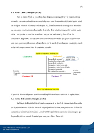 176
6.5. Matriz Gran Estrategias (MGE)
Para la matriz MGE se considera el eje de posición competitiva y el crecimiento de
mercado, con esta evaluación se encontró al primer nivel de atención pública del sector salud
en la región Junín en cuadrante I (ver Figura 39), donde se toma las estrategias de desarrollo
de mercados, penetración en el mercado, desarrollo de productos, integración vertical hacia
atrás, , integración vertical hacia adelante, integracion horizontal, y diversificación
concentrica. Según D´Alessio (2015) este cuadrante se caracteriza por que la organización
está muy comprometida con un solo producto, por lo que la diversificación concéntrica puede
reducir el riesgo con una línea de productos estrecha.
Figura 39. Matriz del primer nivel de atención pública del sector salud de la región Junín.
6.6. Matriz de Decisión Estratégica (MDE)
La Matriz de Decisión Estratégica forma parte de la fase 3 de este capítulo. Por medio
de la presente matriz todas las tablas de emparejamiento se unen para generar una evaluación
conjunta de las matrices realizadas. La matriz MDE permite seleccionar a las estrategias que
hayan obtenido un puntaje de valor igual o mayor a 3 (ver Tabla 40).
 