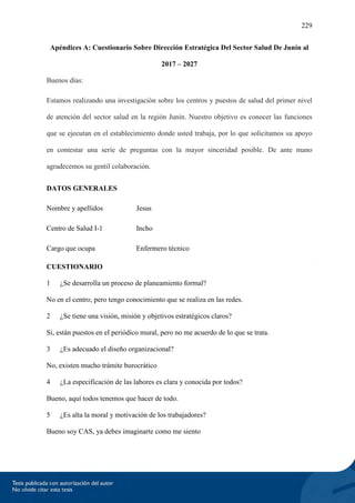 229
Apéndices A: Cuestionario Sobre Dirección Estratégica Del Sector Salud De Junín al
2017 – 2027
Buenos días:
Estamos realizando una investigación sobre los centros y puestos de salud del primer nivel
de atención del sector salud en la región Junín. Nuestro objetivo es conocer las funciones
que se ejecutan en el establecimiento donde usted trabaja, por lo que solicitamos su apoyo
en contestar una serie de preguntas con la mayor sinceridad posible. De ante mano
agradecemos su gentil colaboración.
DATOS GENERALES
Nombre y apellidos Jesus
Centro de Salud I-1 Incho
Cargo que ocupa Enfermero técnico
CUESTIONARIO
1 ¿Se desarrolla un proceso de planeamiento formal?
No en el centro, pero tengo conocimiento que se realiza en las redes.
2 ¿Se tiene una visión, misión y objetivos estratégicos claros?
Si, están puestos en el periódico mural, pero no me acuerdo de lo que se trata.
3 ¿Es adecuado el diseño organizacional?
No, existen mucho trámite burocrático
4 ¿La especificación de las labores es clara y conocida por todos?
Bueno, aquí todos tenemos que hacer de todo.
5 ¿Es alta la moral y motivación de los trabajadores?
Bueno soy CAS, ya debes imaginarte como me siento
 