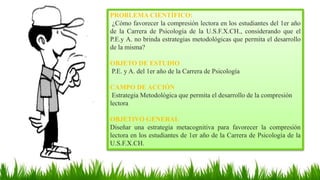 PROBLEMA CIENTÍFICO:
¿Cómo favorecer la compresión lectora en los estudiantes del 1er año
de la Carrera de Psicología de l...