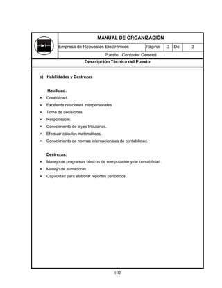 102
c) Habilidades y Destrezas
Habilidad:
• Creatividad.
• Excelente relaciones interpersonales.
• Toma de decisiones.
• Responsable.
• Conocimiento de leyes tributarias.
• Efectuar cálculos matemáticos.
• Conocimiento de normas internacionales de contabilidad.
Destrezas:
• Manejo de programas básicos de computación y de contabilidad.
• Manejo de sumadoras.
• Capacidad para elaborar reportes periódicos.
MANUAL DE ORGANIZACIÓN
Empresa de Repuestos Electrónicos Página 3 De 3
Puesto: Contador General
Descripción Técnica del Puesto
 