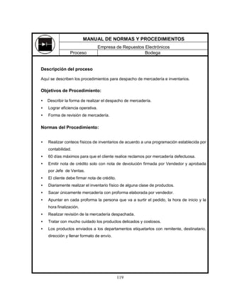 119
Descripción del proceso
Aquí se describen los procedimientos para despacho de mercadería e inventarios.
Objetivos de Procedimiento:
• Describir la forma de realizar el despacho de mercadería.
• Lograr eficiencia operativa.
• Forma de revisión de mercadería.
Normas del Procedimiento:
• Realizar conteos físicos de inventarios de acuerdo a una programación establecida por
contabilidad.
• 60 días máximos para que el cliente realice reclamos por mercadería defectuosa.
• Emitir nota de crédito solo con nota de devolución firmada por Vendedor y aprobada
por Jefe de Ventas.
• El cliente debe firmar nota de crédito.
• Diariamente realizar el inventario físico de alguna clase de productos.
• Sacar únicamente mercadería con proforma elaborada por vendedor.
• Apuntar en cada proforma la persona que va a surtir el pedido, la hora de inicio y la
hora finalización.
• Realizar revisión de la mercadería despachada.
• Tratar con mucho cuidado los productos delicados y costosos.
• Los productos enviados a los departamentos etiquetarlos con remitente, destinatario,
dirección y llenar formato de envío.
MANUAL DE NORMAS Y PROCEDIMIENTOS
Empresa de Repuestos Electrónicos
Proceso Bodega
 