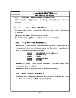 148
1.2.07 CUENTAS POR COBRAR NO COMERCIALES
Son los derechos exigibles que no son del giro normal de operaciones de la
empresa.
1.2.07.01 PRÉSTAMOS A EMPLEADOS
Se registra los préstamos efectuados por diferentes motivos, a los empleados de
la empresa.
Se carga: Con el valor del prestamos concedidos.
Se abona: Con el pago total o abono del empleado a su préstamo.
1.2.08 INVENTARIOS DE MERCADERÍAS
Representan todo los artículos y accesorios preparados para ser vendidos en el
transcurso normal de operaciones de la empresa. Se registran dependiendo la
clase de producto se destina para la venta.
1.2.08.01 REPUESTOS ELECTRÓNICOS
1.2.08.02 ACCESORIOS
1.2.08.03 QUIPO
1.2.08.04 HERRAMIENTAS
1.2.08.05 CABLES
Se carga: Con el valor de los artículos comprados y destinados para la venta,
según sea la clase de producto.
Se abona: cuando se registra el costo de la mercadería vendida.
1.2.09 MERCADERÍAS EN TRÁNSITO
Constituye todos los gastos anticipados por mercadería comprada que no se
encuentra físicamente en las bodegas de la empresa.
Empresa de Repuestos Electrónicos
INSTRUCTIVO CONTABLE
MANUAL CONTABLE
 