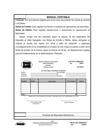164
Facturas: Son documentos legales que sirven para documentar las ventas al contado
o al crédito.
Notas de Crédito: para registrar aumentos o recargos de operaciones ya facturadas.
Notas de Débito: Para registrar devoluciones o descuentos en operaciones ya
facturadas.
Deben cumplir con los requisitos según el artículo 33 del reglamento del
Impuesto al Valor Agregado. Las Notas de Crédito y Débito, deben otorgarse en
original al cliente, las copias con firma y sello de recepción y registrase
cronológicamente en la contabilidad en el plazo de dos meses contados a partir de la
fecha de emisión de la factura, según el artículo 40 de ley de Disposiciones Legales
para el Fortalecimiento de la Administración Tributaria.
MANUAL CONTABLE
Empresa de Repuestos Electrónicos
No. XXXXNombre Propietario
Empresa de Repuestos Electrónicos NOTA DE CRÉDITO
No. XXXX
Nit 0000-0
Fecha: Tipo de Pago:
Nombre: Nit:
Dirección: Vendedor:
Cantidad Código Precio Unitario Importe
Total Q
Descripción
Se hacen pagos trimestrales, No Retener
ORIGINAL: Blanco Cliente - DUPLICADO: Verde Contabilidad - TRIPLICADO: Amarillo Archivo - CUADRIPLICADO: Rosado Cliente
FACTURA CAMBIARIA
Nombre Propietario
Empresa de Repuestos Electrónicos
Dirección
Teléfonos y E-mail
Firma, Nombre y Sello
de Recepción
fecha de Recepción
 