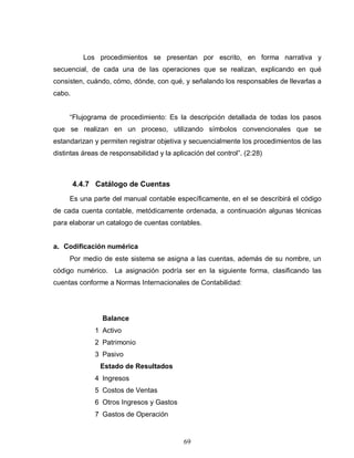 69
Los procedimientos se presentan por escrito, en forma narrativa y
secuencial, de cada una de las operaciones que se realizan, explicando en qué
consisten, cuándo, cómo, dónde, con qué, y señalando los responsables de llevarlas a
cabo.
“Flujograma de procedimiento: Es la descripción detallada de todas los pasos
que se realizan en un proceso, utilizando símbolos convencionales que se
estandarizan y permiten registrar objetiva y secuencialmente los procedimientos de las
distintas áreas de responsabilidad y la aplicación del control”. (2:28)
4.4.7 Catálogo de Cuentas
Es una parte del manual contable específicamente, en el se describirá el código
de cada cuenta contable, metódicamente ordenada, a continuación algunas técnicas
para elaborar un catalogo de cuentas contables.
a. Codificación numérica
Por medio de este sistema se asigna a las cuentas, además de su nombre, un
código numérico. La asignación podría ser en la siguiente forma, clasificando las
cuentas conforme a Normas Internacionales de Contabilidad:
Balance
1 Activo
2 Patrimonio
3 Pasivo
Estado de Resultados
4 Ingresos
5 Costos de Ventas
6 Otros Ingresos y Gastos
7 Gastos de Operación
 