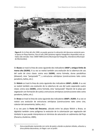 Ofelia Gutiérrez Tesis Maestría en Ciencias Ambientales
21
En Buceo se trazó la línea de costa siguiendo dos indicadores LMAP y antiguo límite de
marea alta (ALMA). A su vez se realizó también una evolución de la cobertura de uso
del suelo de cinco clases: arena seca (ALMA), arena húmeda, dunas parabólicas
(blowout), área “parquizada” 12
, y estructuras antrópicas (construcciones tales como
paradores, baños, etc.).
En Malvín se trazó la línea de costa siguiendo dos indicadores LMAP y ALMA. A su vez
se realizó también una evolución de la cobertura de uso del suelo separando cuatro
clases: arena seca (ALMA), arena húmeda, área “parquizada” (fijación de la playa por
vegetación con formación de suelo) y estructuras antrópicas (construcciones tales como
paradores, baños, etc.).
En Brava se trazó la línea de costa siguiendo dos indicadores LMAP y ALMA. A su vez se
realizó una evolución de estructuras antrópicas (construcciones tales como cine,
colector del saneamiento, baños, etc.).
A su vez para la Punta del Descanso, ubicada entre las playas Malvín y Brava, se
digitalizó también como polígonos la evolución de la colonización por vegetación del
tómbolo lo que puede interpretarse en términos de saturación en sedimentos del flujo
(Panario y Gutiérrez, 2005).
12
/ Zona enjardinada mantenida con corte de pasto y donde se plantan árboles, arbustos y
otras plantas decorativas, sin llegar a ser un jardín.
Figura 4. En la foto del año 1940, se puede apreciar la ubicación del descanso existente para
la época en Playa Ramírez. Para el año 1945 (próximo registro fotográfico disponible) este ya
había sido retirado. Foto: CMDF-IMM (Centro Municipal de Fotografía, Intendencia Municipal
de Montevideo).
 