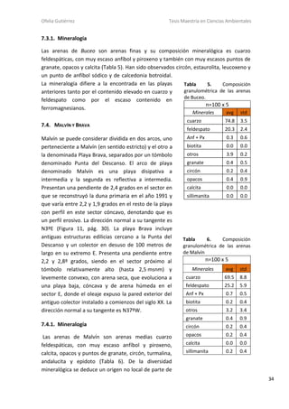 Ofelia Gutiérrez Tesis Maestría en Ciencias Ambientales
34
7.3.1. Mineralogía
Las arenas de Buceo son arenas finas y su composición mineralógica es cuarzo
feldespáticas, con muy escaso anfíbol y piroxeno y también con muy escasos puntos de
granate, opacos y calcita (Tabla 5). Han sido observados circón, estaurolita, leucoxeno y
un punto de anfíbol sódico y de calcedonia botroidal.
La mineralogía difiere a la encontrada en las playas
anteriores tanto por el contenido elevado en cuarzo y
feldespato como por el escaso contenido en
ferromagnesianos.
7.4. MALVÍN Y BRAVA
Malvín se puede considerar dividida en dos arcos, uno
perteneciente a Malvín (en sentido estricto) y el otro a
la denominada Playa Brava, separados por un tómbolo
denominado Punta del Descanso. El arco de playa
denominado Malvín es una playa disipativa a
intermedia y la segunda es reflectiva a intermedia.
Presentan una pendiente de 2,4 grados en el sector en
que se reconstruyó la duna primaria en el año 1991 y
que varía entre 2,2 y 1,9 grados en el resto de la playa
con perfil en este sector cóncavo, denotando que es
un perfil erosivo. La dirección normal a su tangente es
N3ºE (Figura 11, pág. 30). La playa Brava incluye
antiguas estructuras edilicias cercano a la Punta del
Descanso y un colector en desuso de 100 metros de
largo en su extremo E. Presenta una pendiente entre
2,2 y 2,8º grados, siendo en el sector próximo al
tómbolo relativamente alto (hasta 2,5 msnm) y
levemente convexo, con arena seca, que evoluciona a
una playa baja, cóncava y de arena húmeda en el
sector E, donde el oleaje expuso la pared exterior del
antiguo colector instalado a comienzos del siglo XX. La
dirección normal a su tangente es N37ºW.
7.4.1. Mineralogía
Las arenas de Malvín son arenas medias cuarzo
feldespáticas, con muy escaso anfíbol y piroxeno,
calcita, opacos y puntos de granate, circón, turmalina,
andalucita y epidoto (Tabla 6). De la diversidad
mineralógica se deduce un origen no local de parte de
Tabla 5. Composición
granulométrica de las arenas
de Buceo.
n=100 x 5
Minerales avg std
cuarzo 74.8 3.5
feldespato 20.3 2.4
Anf + Px 0.3 0.6
biotita 0.0 0.0
otros 3.9 0.2
granate 0.4 0.5
circón 0.2 0.4
opacos 0.4 0.9
calcita 0.0 0.0
sillimanita 0.0 0.0
Tabla 6. Composición
granulométrica de las arenas
de Malvín
n=100 x 5
Minerales avg std
cuarzo 69.5 8.8
feldespato 25.2 5.9
Anf + Px 0.7 0.5
biotita 0.2 0.4
otros 3.2 3.4
granate 0.4 0.9
circón 0.2 0.4
opacos 0.2 0.4
calcita 0.0 0.0
sillimanita 0.2 0.4
 