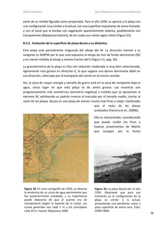 Ofelia Gutiérrez Tesis Maestría en Ciencias Ambientales
58
parte de su rambla figuraba como proyectada. Para el año 1939, se aprecia a la playa con
una configuración muy similar a la actual, con una superficie importante de arena húmeda,
y con el talud que la bordea con vegetación aparentemente arbórea, posiblemente con
transparentes (Myoporum laetum), de los cuales aun existe algún relicto (Figura 33).
8.3.2. Evolución de la superficie de playa Buceo y su dinámica
Esta playa está parcialmente resguarda del oleaje del W. La dirección normal a su
tangente es N28ºW por lo que está expuesta al oleaje de mar de fondo dominante (SE)
y en menor medida al oleaje y vientos fuertes del S (Figura 11, pág. 30).
La granulometría de la playa es fina con selección moderada a muy bien seleccionada,
ligeramente más gruesa en dirección E, lo que sugiere una deriva dominante débil en
esa dirección, reforzada por el transporte del viento en el mismo sentido.
Así, la zona de mayor energía y tamaño de grano está en la zona de rompiente bajo el
agua, único lugar en que esta playa es de arena gruesa. Las muestras son
progresivamente más asimétricas (asimetría negativa) a medida que se aproximan al
extremo W, exhibiendo un padrón inverso al marcado por el tamaño medio, similar al
resto de las playas. Buceo es una playa de arenas mucho más finas y mejor clasificadas
que el resto de las playas
analizadas (Panario et al., 2008b).
Ello es interpretado, considerando
que puede recibir los finos y
livianos provenientes de Malvín
que escapan por la Punta
Figura 33. La playa Buceo por el año
1939. Obsérvese que para ese
momento ya la configuración de la
playa es similar a la actual,
presentando una pendiente suave y
poca superficie de arena seca. Foto:
CMDF-IMM.
Figura 32. En esta cartografía de 1920, se observa
la existencia de un curso de agua permanente que
fue posteriormente entubado, y su importancia
puede deducirse de que el puente era de
mampostería (según la leyenda de la carta). Las
curvas generales son cada 5 m y las principales
cada 20 m. Fuente: Mapoteca, SGM.
 