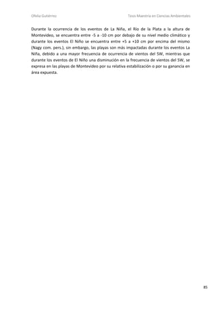 Ofelia Gutiérrez Tesis Maestría en Ciencias Ambientales
85
Durante la ocurrencia de los eventos de La Niña, el Río de la Plata a la altura de
Montevideo, se encuentra entre -5 a -10 cm por debajo de su nivel medio climático y
durante los eventos El Niño se encuentra entre +5 a +10 cm por encima del mismo
(Nagy com. pers.), sin embargo, las playas son más impactadas durante los eventos La
Niña, debido a una mayor frecuencia de ocurrencia de vientos del SW, mientras que
durante los eventos de El Niño una disminución en la frecuencia de vientos del SW, se
expresa en las playas de Montevideo por su relativa estabilización o por su ganancia en
área expuesta.
 