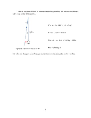 Dado el esquema anterior, se obtiene el Momento producido por la fuerza resultante R
sobre el eje central del dispositivo.




                                                     ߠ ᇱ = ߙ − ߠ = 9,46° − 1,8° = 7,66°



                                                     ܾ = 2,5 ∗ ‫ ߠ݊݁ݏ‬ᇱ = 0,33	݉



                                                     ‫݉33,0 ∗ ݃ܭ3827 = ܾ ∗ ܴ = ܾ ∗ ܨ = ݋ݐܯ‬



                                                     ‫݉ .݃ܭ0042 = ݋ݐܯ‬
    Figura 25: Método de cálculo de “b”


Este valor está dado para un perfil. Luego se unen los momentos producidos por los 4 perfiles.




                                                35
 