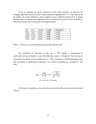 Ya se ha calculado las fuerzas presentes en esta nueva condición de operación sin
embargo, debe determinarse el brazo “b” para completar la igualdad ‫	݀ ∗ ܨ = ݋ݐܯ‬de cada uno de
los perfiles. Se calcula utilizando la misma dinámica previa, asignando valores de θ’ al ángulo
formado entre el radio del rotor (definido por β), y la extensión del vector R. Para simplificar la
lectura de los datos, estos se presentan en la siguiente tabla.



                  β°       α°       b (m)      R (Kg)              Mto (Kg.m)
                  45       6,7      0,21       6828                +1433
                  135      7,6      0,25       4780                +1195
                  225      7,6      0,25       4780                +1195
                  315      6,7      0,21       6828                +1433


∑ ‫ ,݉ .݃ܭ	6525 = ݋ݐܯ‬es el mayor Momento aplicado al eje del rotor.



                                                                     ெ∗௬ത
       Por resistencia de materiales se sabe que ߪ =
                                                                      ூ
                                                                          ,   además si consideramos la
construcción del eje utilizando un acero SAE 4340 [21], cuyo σf = 70 Kg/mm2. Por otro lado la
                                                       గ∗஽ ర
inercia para una sección circular se define como ‫= ܫ‬
                                                        ଺ସ
                                                             ,   y la distancia a la fibra más alejada como
D/2. Asumiendo un coeficiente de seguridad n=2 el esfuerzo admisible σadm= 35 kg/mm2 = 350
MPa.




                                          32‫ܯ‬       య   32‫ܯ‬
                                 ߪ௔ௗ௠ =         ⇒‫ =ܦ‬ඨ
                                          ߨ∗‫ܦ‬ ଷ       ߨ ∗ ߪ௔ௗ௠

                                     ‫݉݉	011 = ݉	11,0 = ܦ‬



      Por lo tanto, se considera un eje construido en acero SAE 4340 con un diámetro mínimo de
110 mm.




                                                37
 