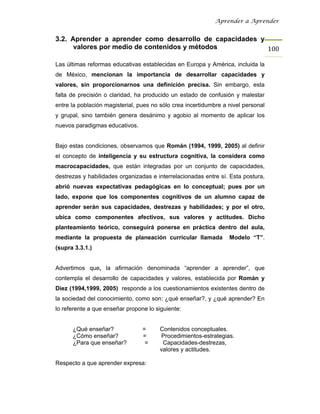 Aprender a Aprender


3.2. Aprender a aprender como desarrollo de capacidades y
      valores por medio de contenidos y métodos           100

Las últimas reformas educativas establecidas en Europa y América, incluida la
de México, mencionan la importancia de desarrollar capacidades y
valores, sin proporcionarnos una definición precisa. Sin embargo, esta
falta de precisión o claridad, ha producido un estado de confusión y malestar
entre la población magisterial, pues no sólo crea incertidumbre a nivel personal
y grupal, sino también genera desánimo y agobio al momento de aplicar los
nuevos paradigmas educativos.


Bajo estas condiciones, observamos que Román (1994, 1999, 2005) al definir
el concepto de inteligencia y su estructura cognitiva, la considera como
macrocapacidades, que están integradas por un conjunto de capacidades,
destrezas y habilidades organizadas e interrelacionadas entre sí. Esta postura,
abrió nuevas expectativas pedagógicas en lo conceptual; pues por un
lado, expone que los componentes cognitivos de un alumno capaz de
aprender serán sus capacidades, destrezas y habilidades; y por el otro,
ubica como componentes afectivos, sus valores y actitudes. Dicho
planteamiento teórico, conseguirá ponerse en práctica dentro del aula,
mediante la propuesta de planeación curricular llamada            Modelo “T”.
(supra 3.3.1.)


Advertimos que, la afirmación denominada “aprender a aprender”, que
contempla el desarrollo de capacidades y valores, establecida por Román y
Díez (1994,1999, 2005) responde a los cuestionamientos existentes dentro de
la sociedad del conocimiento, como son: ¿qué enseñar?, y ¿qué aprender? En
lo referente a que enseñar propone lo siguiente:


      ¿Qué enseñar?              =     Contenidos conceptuales.
      ¿Cómo enseñar?             =     Procedimientos-estrategias.
      ¿Para que enseñar?          =     Capacidades-destrezas,
                                       valores y actitudes.

Respecto a que aprender expresa:
 