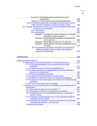 Índice



                                                                                    VI 
…………………… .Indicador 5: Dificultades del acompañamiento por el
                            Secretariado…………………………………………… 388
               Indicador 6: Impacto de las acciones del Secretariado………… 392
         6.5.3 Conclusiones generales: Liderazgo del Secretariado para la
               misión educativa lasallista: impulsa el cambio cultural………… 399
    6.6 Variable: Percepción de mejora de la práctica educativa vista desde
                  los alumnos y los docentes……………………………………. 401
               6.6.1 Introducción………………………………………………….. 401
               6.6.2 Indicadores…………………………………………………… 402
                     Indicador 1: Participación de los alumnos en su proceso
                                  Educativo: aspecto cognitivo…………………. 402
                     Indicador 2: Desarrollo de capacidades (competencias)
                                  en los alumnos………………………………… 406
                     Indicador 3: Desarrollo de valores en los alumnos……….. 412
                     Indicador 4: Otros aspectos de mejora profesional por el
                                   Docente…………………………………………. 417
                6.6.3 Conclusiones generales: Percepción de mejora de la
                       práctica educativa de los docentes vista desde los
                       alumnos y los docentes……………………………………. 427


CAPÍTULO VII……………………………………………………………………………… 429

CONCLUSIONES FINALES……………………………………………………………… 430
     7.1 Necesidades y teoría confrontados con el estudio de campo………….. 431
         7.1.1 La sociedad globalizada y las características del nuevo
               Ciudadano……………………………………………………………… 431
         7.1.2 La deshumanización efecto de la globalización…………………… 432
         7.1.3 La propuesta educativa lasallista armoniza el desarrollo de la
               persona y el conocimiento…………………………………………… 432
         7.1.4 Cambio del paradigma educativo…………………………………… 435
         7.1.5 La gestión escolar actualizada a nuestra época…………………… 437
         7.1.6 El docente es elemento clave en la respuesta pedagógica………. 439
         7.1.7 El alumno es el principal sujeto de formación en las instituciones
               Lasallistas……………………………………………………………… 441
         7.1.8 El mundo de la educación es complejo…………………………….. 443
      7.2 Evaluación a los resultados de las actividades implementadas por el
          Secretariado…………………………………………………………………. 444
          7.2.1 Planeación de clase acorde al Modelo “T”…………………………444
          7.2.2 Aprendizaje, formación y actualización permanente……………... 445
          7.2.3 El departamento de psicopedagogía fomenta y acompaña el
                cambio cultural……………………………………………………….. 447
          7.2.4 Liderazgo del Secretariado para la misión educativa lasallista:
                Impulsa el cambio cultural…………………………………………… 447
          7.2.5 Percepción de mejora de la práctica educativa de los docentes
                vista desde los alumnos y los docentes…………………………… 448
          Consideraciones finales…………………………………………………… 450
 