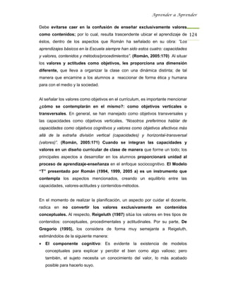 Aprender a Aprender


Debe evitarse caer en la confusión de enseñar exclusivamente valores
como contenidos; por lo cual, resulta trascendente ubicar el aprendizaje de 124
éstos, dentro de los aspectos que Román ha señalado en su obra: “Los
aprendizajes básicos en la Escuela siempre han sido estos cuatro: capacidades
y valores, contenidos y métodos/procedimientos”. (Román, 2005:170) Al situar
los valores y actitudes como objetivos, les proporciona una dimensión
diferente, que lleva a organizar la clase con una dinámica distinta; de tal
manera que encamine a los alumnos a reaccionar de forma ética y humana
para con el medio y la sociedad.


Al señalar los valores como objetivos en el currículum, es importante mencionar
¿cómo se contemplarán en el mismo?: como objetivos verticales o
transversales. En general, se han manejado como objetivos transversales y
las capacidades como objetivos verticales, “Nosotros preferimos hablar de
capacidades como objetivos cognitivos y valores como objetivos afectivos más
allá de la extraña división vertical (capacidades) y horizontal-transversal
(valores)”. (Román, 2005:171) Cuando se integran las capacidades y
valores en un diseño curricular de clase de manera que forme un todo; los
principales aspectos a desarrollar en los alumnos proporcionará unidad al
proceso de aprendizaje-enseñanza en el enfoque sociocognitivo. El Modelo
“T” presentado por Román (1994, 1999, 2005 a) es un instrumento que
contempla los aspectos mencionados, creando un equilibrio entre las
capacidades, valores-actitudes y contenidos-métodos.


En el momento de realizar la planificación, un aspecto por cuidar el docente,
radica en no convertir los valores exclusivamente en contenidos
conceptuales. Al respecto, Reigeluth (1987) sitúa los valores en tres tipos de
contenidos: conceptuales, procedimentales y actitudinales. Por su parte, De
Gregorio (1995), los considera de forma muy semejante a Reigeluth,
estimándolos de la siguiente manera:
•   El componente cognitivo: Es evidente la existencia de modelos
    conceptuales para explicar y percibir el bien como algo valioso; pero
    también, el sujeto necesita un conocimiento del valor, lo más acabado
    posible para hacerlo suyo.
 