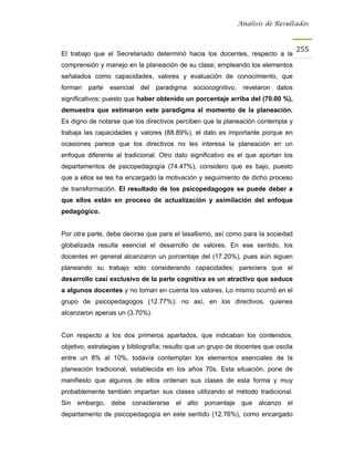 Análisis de Resultados



                                                                                     255
El trabajo que el Secretariado determinó hacia los docentes, respecto a la
comprensión y manejo en la planeación de su clase; empleando los elementos
señalados como capacidades, valores y evaluación de conocimiento, que
forman   parte   esencial   del   paradigma   sociocognitivo,    revelaron   datos
significativos; puesto que haber obtenido un porcentaje arriba del (70.00 %),
demuestra que estimaron este paradigma al momento de la planeación.
Es digno de notarse que los directivos perciben que la planeación contempla y
trabaja las capacidades y valores (88.89%), el dato es importante porque en
ocasiones parece que los directivos no les interesa la planeación en un
enfoque diferente al tradicional. Otro dato significativo es el que aportan los
departamentos de psicopedagogía (74.47%), considero que es bajo, puesto
que a ellos se les ha encargado la motivación y seguimiento de dicho proceso
de transformación. El resultado de los psicopedagogos se puede deber a
que ellos están en proceso de actualización y asimilación del enfoque
pedagógico.


Por otra parte, debe decirse que para el lasallismo, así como para la sociedad
globalizada resulta esencial el desarrollo de valores. En ese sentido, los
docentes en general alcanzaron un porcentaje del (17.20%), pues aún siguen
planeando su trabajo sólo considerando capacidades; pareciera que el
desarrollo casi exclusivo de la parte cognitiva es un atractivo que seduce
a algunos docentes y no toman en cuenta los valores. Lo mismo ocurrió en el
grupo de psicopedagogos (12.77%); no así, en los directivos, quienes
alcanzaron apenas un (3.70%).


Con respecto a los dos primeros apartados, que indicaban los contenidos,
objetivo, estrategias y bibliografía; resulto que un grupo de docentes que oscila
entre un 8% al 10%, todavía contemplan los elementos esenciales de la
planeación tradicional, establecida en los años 70s. Esta situación, pone de
manifiesto que algunos de ellos ordenan sus clases de esta forma y muy
probablemente también impartan sus clases utilizando el método tradicional.
Sin embargo, debe considerarse el alto porcentaje que alcanzo el
departamento de psicopedagogía en este sentido (12.76%), como encargado
 