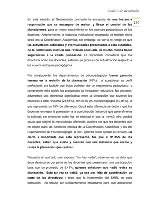 Análisis de Resultados


En este sentido, el Secretariado promovió la existencia de una instancia
                                                                                   260
responsable que se encargara de revisar y llevar el control de las
planeaciones, para un mejor seguimiento en los avances pedagógicos de los
docentes. Anteriormente, la instancia institucional encargada de realizar dicha
tarea era la Coordinación Académica; sin embargo, se corría el riesgo de que
las actividades cotidianas y eventualidades presentadas a esta autoridad,
no le permitieran efectuar una revisión adecuada, ni mucho menos hacer
sugerencias a la citada planeación. Es importante considerar que los
directivos como los docentes, estaban en proceso de actualización respecto a
los nuevos enfoques pedagógicos.


Por consiguiente, los departamentos de psicopedagogía fueron ganando
terreno en la revisión de la planeación (40%);          al considerar su perfil
profesional, era factible que éstos pudieran dar un seguimiento pedagógico y
comprender más rápido las propuestas de innovación educativa. No obstante,
advertimos una diferencia significativa entre la percepción que tuvieron los
maestros a este respecto (24.57%), con la de los psicopedagogos (40.03%), lo
que representa un 15% de diferencia. Quizá esta diferencia se debió a que los
docentes entregan la planeación a la coordinación (instancia que generalmente
la solicita); sin enterarse quién fue en realidad el que la revisó; otra posible
causa que originó la mencionada diferencia, pudiera ser que los docentes aún
no tienen claro las funciones propias de la Coordinación Académica y las del
Departamento de Psicopedagogía, o bien, ignoren quien ejecutó la revisión. Lo
cierto e importante que esto representó, fue que el 91.35% de los
docentes, saben que existe y cuentan con una instancia que recibe y
revisa la planeación que realizan.


Respecto al apartado que expresa: “no hay nadie”; observamos un dato que
debe destacarse por parte de los docentes que presentaron una participación
baja, con un promedio de 5.41%, quienes señalaron que nadie revisa su
planeación. Esto tal vez se debió, ya sea por falta de coordinación de
parte de los directivos; o bien, que la intervención del SMEL en esas
institución,   no resulto ser suficientemente impactante para que adquirieran
 