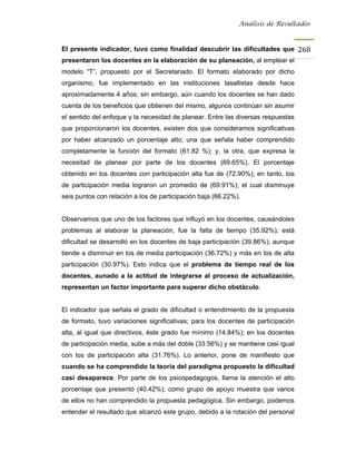 Análisis de Resultados



El presente indicador, tuvo como finalidad descubrir las dificultades que 268
presentaron los docentes en la elaboración de su planeación, al emplear el
modelo “T”, propuesto por el Secretariado. El formato elaborado por dicho
organismo, fue implementado en las instituciones lasallistas desde hace
aproximadamente 4 años; sin embargo, aún cuando los docentes se han dado
cuenta de los beneficios que obtienen del mismo, algunos continúan sin asumir
el sentido del enfoque y la necesidad de planear. Entre las diversas respuestas
que proporcionaron los docentes, existen dos que consideramos significativas
por haber alcanzado un porcentaje alto; una que señala haber comprendido
completamente la función del formato (61.82 %); y, la otra, que expresa la
necesitad de planear por parte de los docentes (69.65%). El porcentaje
obtenido en los docentes con participación alta fue de (72.90%); en tanto, los
de participación media lograron un promedio de (69.91%); el cual disminuye
seis puntos con relación a los de participación baja (66.22%).


Observamos que uno de los factores que influyó en los docentes, causándoles
problemas al elaborar la planeación, fue la falta de tiempo (35.92%); está
dificultad se desarrolló en los docentes de baja participación (39.86%); aunque
tiende a disminuir en los de media participación (36.72%) y más en los de alta
participación (30.97%). Esto indica que el problema de tiempo real de los
docentes, aunado a la actitud de integrarse al proceso de actualización,
representan un factor importante para superar dicho obstáculo.


El indicador que señala el grado de dificultad o entendimiento de la propuesta
de formato, tuvo variaciones significativas; para los docentes de participación
alta, al igual que directivos, éste grado fue mínimo (14.84%); en los docentes
de participación media, sube a más del doble (33.56%) y se mantiene casi igual
con los de participación alta (31.76%). Lo anterior, pone de manifiesto que
cuando se ha comprendido la teoría del paradigma propuesto la dificultad
casi desaparece. Por parte de los psicopedagogos, llama la atención el alto
porcentaje que presentó (40.42%); como grupo de apoyo muestra que varios
de ellos no han comprendido la propuesta pedagógica. Sin embargo, podemos
entender el resultado que alcanzó este grupo, debido a la rotación del personal
 