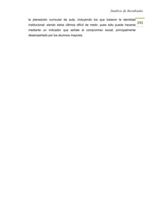 Análisis de Resultados


la planeación curricular de aula; incluyendo los que trataron la identidad
                                                                                292
institucional; siendo estos últimos difícil de medir, pues sólo puede hacerse
mediante un indicador que señale el compromiso social, principalmente
desempeñado por los alumnos mayores.
 