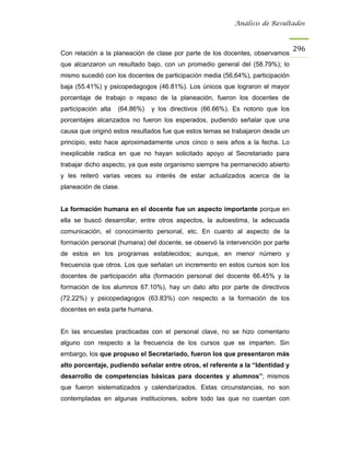 Análisis de Resultados



                                                                                296
Con relación a la planeación de clase por parte de los docentes, observamos
que alcanzaron un resultado bajo, con un promedio general del (58.79%); lo
mismo sucedió con los docentes de participación media (56,64%), participación
baja (55.41%) y psicopedagogos (46.81%). Los únicos que lograron el mayor
porcentaje de trabajo o repaso de la planeación, fueron los docentes de
participación alta   (64.86%)   y los directivos (66.66%). Es notorio que los
porcentajes alcanzados no fueron los esperados, pudiendo señalar que una
causa que originó estos resultados fue que estos temas se trabajaron desde un
principio, esto hace aproximadamente unos cinco o seis años a la fecha. Lo
inexplicable radica en que no hayan solicitado apoyo al Secretariado para
trabajar dicho aspecto, ya que este organismo siempre ha permanecido abierto
y les reiteró varias veces su interés de estar actualizados acerca de la
planeación de clase.


La formación humana en el docente fue un aspecto importante porque en
ella se buscó desarrollar, entre otros aspectos, la autoestima, la adecuada
comunicación, el conocimiento personal, etc. En cuanto al aspecto de la
formación personal (humana) del docente, se observó la intervención por parte
de estos en los programas establecidos; aunque, en menor número y
frecuencia que otros. Los que señalan un incremento en estos cursos son los
docentes de participación alta (formación personal del docente 66.45% y la
formación de los alumnos 67.10%), hay un dato alto por parte de directivos
(72.22%) y psicopedagogos (63.83%) con respecto a la formación de los
docentes en esta parte humana.


En las encuestas practicadas con el personal clave, no se hizo comentario
alguno con respecto a la frecuencia de los cursos que se imparten. Sin
embargo, los que propuso el Secretariado, fueron los que presentaron más
alto porcentaje, pudiendo señalar entre otros, el referente a la “Identidad y
desarrollo de competencias básicas para docentes y alumnos”; mismos
que fueron sistematizados y calendarizados. Estas circunstancias, no son
contempladas en algunas instituciones, sobre todo las que no cuentan con
 