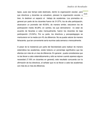 Análisis de Resultados


lapso, pues ese tiempo está destinado, dentro la organización escolar, para
                                                                                 315
que directivos y docentes se actualicen, planeen la organización escolar, o
bien, le destinen un espacio al    trabajo de academias. Los promedios en
general por parte de los docentes fueron de 31.57%; los de alta participación,
alcanzaron un promedio del 40.00%; de manera similar, estuvieron los de
participación media 36.28%; en cambio, los que demostraron       no estar de
acuerdo de llevarlas a cabo mensualmente, fueron los docentes de baja
participación (15.54%). Por su parte, los directivos y psicopedagogos se
mantuvieron en la media con 4% de diferencia. No se puede valorar de manera
fehaciente, que tan conveniente sería reunirse cada semana o mensualmente.


A pesar de la insistencia por parte del Secretariado para realizar de manera
sistemática las academias, existe todavía un porcentaje significativo que las
efectúa con más de un mes de diferencia. En general, puede considerarse que
no las llevan a cabo sistemáticamente y sólo se reúnen cuando aparece alguna
necesidad (7.18% en docentes en general); este resultado concuerda con la
afirmación de los directivos, al señalar que no se llevan a cabo las academias
con más de un mes de diferencia.
 