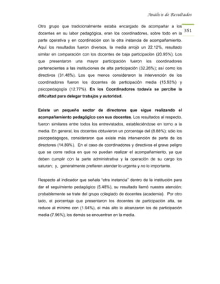 Análisis de Resultados


Otro grupo que tradicionalmente estaba encargado de acompañar a los
                                                                                  351
docentes en su labor pedagógica, eran los coordinadores, sobre todo en la
parte operativa y en coordinación con la otra instancia de acompañamiento.
Aquí los resultados fueron diversos, la media arrojó un 22.12%, resultado
similar en comparación con los docentes de baja participación (20.95%). Los
que   presentaron   una   mayor    participación   fueron   los   coordinadores
pertenecientes a las instituciones de alta participación (32.26%); así como los
directivos (31.48%). Los que menos consideraron la intervención de los
coordinadores fueron los docentes de participación media (15.93%) y
psicopedagogía (12.77%). En los Coordinadores todavía se percibe la
dificultad para delegar trabajos y autoridad.


Existe un pequeño sector de directores que sigue realizando el
acompañamiento pedagógico con sus docentes. Los resultados al respecto,
fueron similares entre todos los entrevistados, estableciéndose en torno a la
media. En general, los docentes obtuvieron un porcentaje del (8.88%); sólo los
psicopedagogos, consideraron que existe más intervención de parte de los
directores (14.89%). En el caso de coordinadores y directivos el grave peligro
que se corre radica en que no puedan realizar el acompañamiento, ya que
deben cumplir con la parte administrativa y la operación de su cargo los
saturan; y, generalmente prefieren atender lo urgente y no lo importante.


Respecto al indicador que señala “otra instancia” dentro de la institución para
dar el seguimiento pedagógico (5.48%), su resultado llamó nuestra atención;
probablemente se trate del grupo colegiado de docentes (academia). Por otro
lado, el porcentaje que presentaron los docentes de participación alta, se
reduce al mínimo con (1.94%), el más alto lo alcanzaron los de participación
media (7.96%), los demás se encuentran en la media.
 