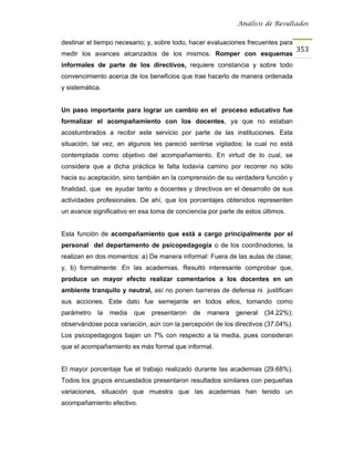 Análisis de Resultados


destinar el tiempo necesario; y, sobre todo, hacer evaluaciones frecuentes para
                                                                                  353
medir los avances alcanzados de los mismos. Romper con esquemas
informales de parte de los directivos, requiere constancia y sobre todo
convencimiento acerca de los beneficios que trae hacerlo de manera ordenada
y sistemática.


Un paso importante para lograr un cambio en el proceso educativo fue
formalizar el acompañamiento con los docentes, ya que no estaban
acostumbrados a recibir este servicio por parte de las instituciones. Esta
situación, tal vez, en algunos les pareció sentirse vigilados; la cual no está
contemplada como objetivo del acompañamiento. En virtud de lo cual, se
considera que a dicha práctica le falta todavía camino por recorrer no sólo
hacia su aceptación, sino también en la comprensión de su verdadera función y
finalidad, que es ayudar tanto a docentes y directivos en el desarrollo de sus
actividades profesionales. De ahí, que los porcentajes obtenidos representen
un avance significativo en esa toma de conciencia por parte de estos últimos.


Esta función de acompañamiento que está a cargo principalmente por el
personal del departamento de psicopedagogía o de los coordinadores, la
realizan en dos momentos: a) De manera informal: Fuera de las aulas de clase;
y, b) formalmente: En las academias. Resultó interesante comprobar que,
produce un mayor efecto realizar comentarios a los docentes en un
ambiente tranquilo y neutral, así no ponen barreras de defensa ni justifican
sus acciones. Este dato fue semejante en todos ellos, tomando como
parámetro   la   media   que   presentaron   de   manera    general   (34.22%);
observándose poca variación, aún con la percepción de los directivos (37.04%).
Los psicopedagogos bajan un 7% con respecto a la media, pues consideran
que el acompañamiento es más formal que informal.


El mayor porcentaje fue el trabajo realizado durante las academias (29.68%).
Todos los grupos encuestados presentaron resultados similares con pequeñas
variaciones, situación que muestra que las academias han tenido un
acompañamiento efectivo.
 