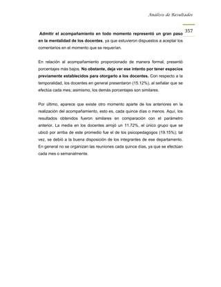 Análisis de Resultados



                                                                                357
Admitir el acompañamiento en todo momento representó un gran paso
en la mentalidad de los docentes, ya que estuvieron dispuestos a aceptar los
comentarios en el momento que se requerían.


En relación al acompañamiento proporcionado de manera formal, presentó
porcentajes más bajos. No obstante, deja ver ese intento por tener espacios
previamente establecidos para otorgarlo a los docentes. Con respecto a la
temporalidad, los docentes en general presentaron (15.12%), al señalar que se
efectúa cada mes; asimismo, los demás porcentajes son similares.


Por último, aparece que existe otro momento aparte de los anteriores en la
realización del acompañamiento, esto es, cada quince días o menos. Aquí, los
resultados obtenidos fueron similares en comparación con el parámetro
anterior. La media en los docentes arrojó un 11.72%, el único grupo que se
ubicó por arriba de este promedio fue el de los psicopedagogos (19.15%); tal
vez, se debió a la buena disposición de los integrantes de ese departamento.
En general no se organizan las reuniones cada quince días, ya que se efectúan
cada mes o semanalmente.
 