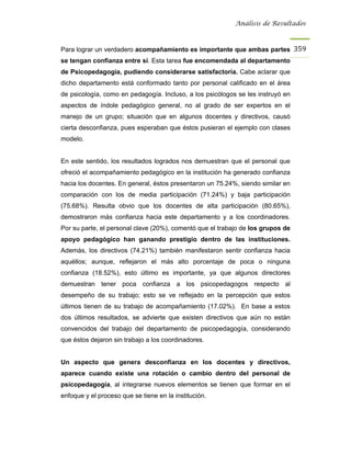 Análisis de Resultados



Para lograr un verdadero acompañamiento es importante que ambas partes 359
se tengan confianza entre sí. Esta tarea fue encomendada al departamento
de Psicopedagogía, pudiendo considerarse satisfactoria. Cabe aclarar que
dicho departamento está conformado tanto por personal calificado en el área
de psicología, como en pedagogía. Incluso, a los psicólogos se les instruyó en
aspectos de índole pedagógico general, no al grado de ser expertos en el
manejo de un grupo; situación que en algunos docentes y directivos, causó
cierta desconfianza, pues esperaban que éstos pusieran el ejemplo con clases
modelo.


En este sentido, los resultados logrados nos demuestran que el personal que
ofreció el acompañamiento pedagógico en la institución ha generado confianza
hacia los docentes. En general, éstos presentaron un 75.24%, siendo similar en
comparación con los de media participación (71.24%) y baja participación
(75.68%). Resulta obvio que los docentes de alta participación (80.65%),
demostraron más confianza hacia este departamento y a los coordinadores.
Por su parte, el personal clave (20%), comentó que el trabajo de los grupos de
apoyo pedagógico han ganando prestigio dentro de las instituciones.
Además, los directivos (74.21%) también manifestaron sentir confianza hacia
aquéllos; aunque, reflejaron el más alto porcentaje de poca o ninguna
confianza (18.52%), esto último es importante, ya que algunos directores
demuestran tener poca confianza a los psicopedagogos respecto al
desempeño de su trabajo; esto se ve reflejado en la percepción que estos
últimos tienen de su trabajo de acompañamiento (17.02%). En base a estos
dos últimos resultados, se advierte que existen directivos que aún no están
convencidos del trabajo del departamento de psicopedagogía, considerando
que éstos dejaron sin trabajo a los coordinadores.


Un aspecto que genera desconfianza en los docentes y directivos,
aparece cuando existe una rotación o cambio dentro del personal de
psicopedagogía, al integrarse nuevos elementos se tienen que formar en el
enfoque y el proceso que se tiene en la institución.
 