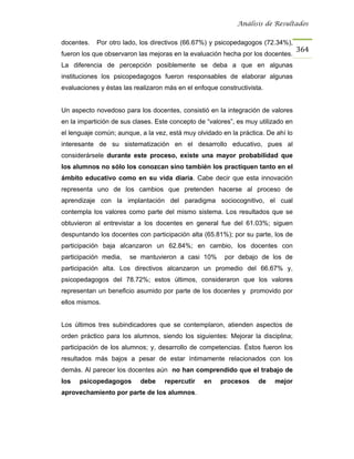 Análisis de Resultados


docentes.   Por otro lado, los directivos (66.67%) y psicopedagogos (72.34%),
                                                                                   364
fueron los que observaron las mejoras en la evaluación hecha por los docentes.
La diferencia de percepción posiblemente se deba a que en algunas
instituciones los psicopedagogos fueron responsables de elaborar algunas
evaluaciones y éstas las realizaron más en el enfoque constructivista.


Un aspecto novedoso para los docentes, consistió en la integración de valores
en la impartición de sus clases. Este concepto de “valores”, es muy utilizado en
el lenguaje común; aunque, a la vez, está muy olvidado en la práctica. De ahí lo
interesante de su sistematización en el desarrollo educativo, pues al
considerársele durante este proceso, existe una mayor probabilidad que
los alumnos no sólo los conozcan sino también los practiquen tanto en el
ámbito educativo como en su vida diaria. Cabe decir que esta innovación
representa uno de los cambios que pretenden hacerse al proceso de
aprendizaje con la implantación del paradigma sociocognitivo, el cual
contempla los valores como parte del mismo sistema. Los resultados que se
obtuvieron al entrevistar a los docentes en general fue del 61.03%; siguen
despuntando los docentes con participación alta (65.81%); por su parte, los de
participación baja alcanzaron un 62.84%; en cambio, los docentes con
participación media,   se mantuvieron a casi 10%        por debajo de los de
participación alta. Los directivos alcanzaron un promedio del 66.67% y,
psicopedagogos del 78.72%; estos últimos, consideraron que los valores
representan un beneficio asumido por parte de los docentes y promovido por
ellos mismos.


Los últimos tres subindicadores que se contemplaron, atienden aspectos de
orden práctico para los alumnos, siendo los siguientes: Mejorar la disciplina;
participación de los alumnos; y, desarrollo de competencias. Éstos fueron los
resultados más bajos a pesar de estar íntimamente relacionados con los
demás. Al parecer los docentes aún no han comprendido que el trabajo de
los   psicopedagogos       debe    repercutir    en    procesos     de   mejor
aprovechamiento por parte de los alumnos.
 