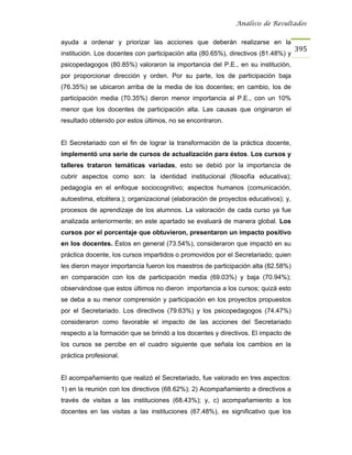 Análisis de Resultados


ayuda a ordenar y priorizar las acciones que deberán realizarse en la
                                                                                   395
institución. Los docentes con participación alta (80.65%), directivos (81.48%) y
psicopedagogos (80.85%) valoraron la importancia del P.E., en su institución,
por proporcionar dirección y orden. Por su parte, los de participación baja
(76.35%) se ubicaron arriba de la media de los docentes; en cambio, los de
participación media (70.35%) dieron menor importancia al P.E., con un 10%
menor que los docentes de participación alta. Las causas que originaron el
resultado obtenido por estos últimos, no se encontraron.


El Secretariado con el fin de lograr la transformación de la práctica docente,
implementó una serie de cursos de actualización para éstos. Los cursos y
talleres trataron temáticas variadas, esto se debió por la importancia de
cubrir aspectos como son: la identidad institucional (filosofía educativa);
pedagogía en el enfoque sociocognitivo; aspectos humanos (comunicación,
autoestima, etcétera.); organizacional (elaboración de proyectos educativos); y,
procesos de aprendizaje de los alumnos. La valoración de cada curso ya fue
analizada anteriormente; en este apartado se evaluará de manera global. Los
cursos por el porcentaje que obtuvieron, presentaron un impacto positivo
en los docentes. Éstos en general (73.54%), consideraron que impactó en su
práctica docente, los cursos impartidos o promovidos por el Secretariado; quien
les dieron mayor importancia fueron los maestros de participación alta (82.58%)
en comparación con los de participación media (69.03%) y baja (70.94%);
observándose que estos últimos no dieron importancia a los cursos; quizá esto
se deba a su menor comprensión y participación en los proyectos propuestos
por el Secretariado. Los directivos (79.63%) y los psicopedagogos (74.47%)
consideraron como favorable el impacto de las acciones del Secretariado
respecto a la formación que se brindó a los docentes y directivos. El impacto de
los cursos se percibe en el cuadro siguiente que señala los cambios en la
práctica profesional.


El acompañamiento que realizó el Secretariado, fue valorado en tres aspectos:
1) en la reunión con los directivos (68.62%); 2) Acompañamiento a directivos a
través de visitas a las instituciones (68.43%); y, c) acompañamiento a los
docentes en las visitas a las instituciones (67.48%), es significativo que los
 