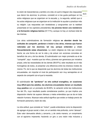 Análisis de Resultados


la visión de trascendencia y sentido a la vida; el cual lo integran dos respuestas
                                                                                     415
que dieron los alumnos: la primera, consistió en si les gusta participar en los
actos religiosos que se organizan en la escuela; y, la segunda, señaló que si
los actos religiosos que se organizan en la institución le ayudan a practicar más
su religión. Las respuestas son reveladoras y congruentes con la realidad
presentada en los capítulos precedentes; los jóvenes tienen una resistencia
a la formación religiosa teórica (57.71%), aunque no hay un rechazo total de
las mismas.


Los otros subindicadores de formación religiosa se abordan desde las
actitudes de compartir, perdonar e incluir a los otros, mismas que fueron
valoradas por los alumnos; tal vez, porque entienden y viven
frecuentemente estas situaciones. La visión religiosa es más que conocer
teoría; es una forma de ver la vida y de actuar con acciones concretas en
beneficio de uno y de los demás. El subindicador con mejor promedio es el de
“compartir”, aquí muestra que los niños y jóvenes son generosos por iniciativa
propia, ante las necesidades de los demás (89.97%); este resultado es el más
homogéneo de todos, al presentar una diferencia entre los diversos niveles de
menos 1%; de lo que se desprende que los alumnos de todas las instituciones
encuestadas, sin importar el nivel de participación son muy semejantes en el
aspecto de compartir con el que lo necesita.


El subindicador de “perdonar” es otra actitud evangélica, en ocasiones
muy difícil para los adultos, los alumnos encuestados tienen un resultado
muy positivo con un promedio de 85.85%; la variación entre las instituciones
fue del 3%, cuyo resultado puede considerarse positivo, ya que implica una
disposición interior de superar ofensas o malos entendidos que se da en toda
relación humana. Alcanzar esta actitud significa que existe un trabajo previo de
formación personal y visión de vida.


La otra actitud, que consiste en “incluir”, puede entenderse como la disposición
de agregar al grupo social; o bien, en un sentido más profundo, como “abrazar”.
Este valor demuestra afecto y cercanía, y de cierta manera, un rompimiento
con el egoísmo imperante; haciendo un giro a una visión más inclusiva y
 