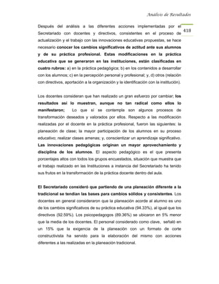 Análisis de Resultados


Después del análisis a las diferentes acciones implementadas por el
                                                                                        418
Secretariado con docentes y directivos, consistentes en el proceso de
actualización y el trabajo con las innovaciones educativas propuestas, se hace
necesario conocer los cambios significativos de actitud ante sus alumnos
y de su práctica profesional. Estas modificaciones en la práctica
educativa que se generaron en las instituciones, están clasificadas en
cuatro rubros: a) en la práctica pedagógica; b) en los contenidos a desarrollar
con los alumnos; c) en la percepción personal y profesional; y, d) otros (relación
con directivos, aportación a la organización y la identificación con la institución).


Los docentes consideran que han realizado un gran esfuerzo por cambiar; los
resultados así lo muestran, aunque no tan radical como ellos lo
manifestaron;       Lo que sí se contempla son algunos procesos de
transformación deseados y valorados por ellos. Respecto a las modificación
realizadas por el docente en la práctica profesional, fueron las siguientes: la
planeación de clase; la mayor participación de los alumnos en su proceso
educativo; realizar clases amenas; y, conscientizar un aprendizaje significativo.
Las innovaciones pedagógicas originan un mayor aprovechamiento y
disciplina de los alumnos. El aspecto pedagógico es el que presenta
porcentajes altos con todos los grupos encuestados, situación que muestra que
el trabajo realizado en las Instituciones a instancia del Secretariado ha tenido
sus frutos en la transformación de la práctica docente dentro del aula.


El Secretariado consideró que partiendo de una planeación diferente a la
tradicional se tendían las bases para cambios sólidos y consistentes. Los
docentes en general consideraron que la planeación acorde al alumno es uno
de los cambios significativos de su práctica educativa (94.33%), al igual que los
directivos (92.59%). Los psicopedagogos (89.36%) se ubicaron en 5% menor
que la media de los docentes. El personal considerado como clave, señaló en
un 15% que la exigencia de la planeación con un formato de corte
constructivista ha servido para la elaboración del mismo con acciones
diferentes a las realizadas en la planeación tradicional.
 