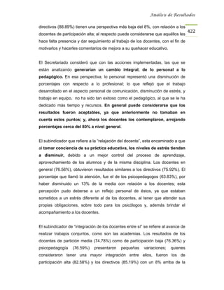 Análisis de Resultados


directivos (88.89%) tienen una perspectiva más baja del 8%, con relación a los
                                                                                    422
docentes de participación alta; al respecto puede considerarse que aquéllos les
hace falta presencia y dar seguimiento al trabajo de los docentes, con el fin de
motivarlos y hacerles comentarios de mejora a su quehacer educativo.


El Secretariado consideró que con las acciones implementadas, las que se
están analizando generarían un cambio integral, de lo personal a lo
pedagógico. En esa perspectiva, lo personal representó una disminución de
porcentajes con respecto a lo profesional; lo que reflejó que el trabajo
desarrollado en el aspecto personal de comunicación, disminución de estrés, y
trabajo en equipo, no ha sido tan exitoso como el pedagógico, al que se le ha
dedicado más tiempo y recursos. En general puede considerarse que los
resultados fueron aceptables, ya que anteriormente no tomaban en
cuenta estos puntos; y, ahora los docentes los contemplaron, arrojando
porcentajes cerca del 80% a nivel general.


El subindicador que refiere a la “relajación del docente”, esta encaminado a que
al tomar conciencia de su práctica educativa, los niveles de estrés tiendan
a disminuir, debido a un mejor control del proceso de aprendizaje,
aprovechamiento de los alumnos y de la misma disciplina. Los docentes en
general (76.56%), obtuvieron resultados similares a los directivos (75.92%). El
porcentaje que llamó la atención, fue el de los psicopedagogos (63.83%), por
haber disminuido un 13% de la media con relación a los docentes; esta
percepción pudo deberse a un reflejo personal de éstos, ya que estaban
sometidos a un estrés diferente al de los docentes, al tener que atender sus
propias obligaciones, sobre todo para los psicólogos y, además brindar el
acompañamiento a los docentes.


El subindicador de “integración de los docentes entre sí” se refiere al avance de
realizar trabajos conjuntos, como son las academias. Los resultados de los
docentes de partición media (74.78%) como de participación baja (76.36%) y
psicopedagogía    (76.59%)    presentaron    pequeñas     variaciones;   quienes
consideraron tener una mayor integración entre ellos, fueron los de
participación alta (82.58%) y los directivos (85.19%) con un 8% arriba de la
 