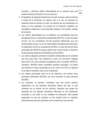 Análisis de Resultados


   docentes y directivos deben desarrollarlas en su persona para que
                                                                               428
   posteriormente las fomenten con sus alumnos.
5. El lasallismo da especial importancia a la parte humana, esta se fomenta
   a través de la formación en valores, que a la vez, se traducen en
   actitudes hacia los demás y la vida. Los valores que se consideraron se
   ubican en tres apartados: los propios de la institución lasallista, los
   evangélicos (religiosos) y los personales (respeto a los demás, cuidado
   de la salud).
6. Los valores desarrollados por el lasallismo, de sensibilidad hacia los
   semejantes tienen un desarrollo considerable (89.97%); el valor de saber
   convivir con los compañeros (61.23) presenta deficiencias que son
   comprensibles porque no se han desarrollado actividades para favorecer
   la cooperación entre los compañeros (34.58%); el valor del servicio tiene
   porcentaje alto (89.97%) porque desde hace mucho tiempo la dirección
   de las escuelas organizan actividades para fomentarlo.
7. Los valores religiosos presentan resultados interesantes por el contraste
   que hay entre ellos; hay resistencia a tener una formación religiosa
   teórica (57.71%), pero actitudes evangélicas como “compartir” (89.97%),
   “perdonar” (85.85%) tienen resultados bastante favorables. La actitud
   que resulta con menor porcentaje es la de “incluir” (61.37%), en general
   no es bajo el resultado, pero no es el esperado.
8. Los valores personales como es la de “atención a los demás” tiene
   promedios deficientes (63.95%), así como fomentar la salud personal
   (50.38%).
9. Los docentes, en general, consideran que han tenido cambios
   significativos en sus prácticas educativas dentro del aula, lo que
   contrasta con la opinión de los alumnos. Situación que puede ser
   explicada por ser agentes educativos diferentes en sus tradiciones
   formativas y, por ende, en sus medidas de evaluación. Otra posible
   explicación es que los cambios no han logrado tener la magnitud
   suficiente para que sean percibidos como avances por los alumnos.
 