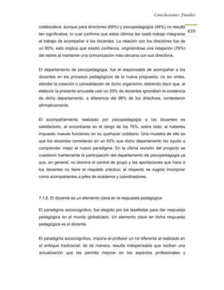 Conclusiones Finales


colaborativa; aunque para directores (68%) y psicopedagogos (48%) no resultó
                                                                                     439
tan significativa, lo cual confirma que estos últimos les costó trabajo integrarse
al trabajo de acompañar a los docentes. La relación con los directores fue de
un 80%; esto implica que existió confianza, originándose una relajación (76%)
del estrés al mantener una comunicación más cercana con sus directivos.


El departamento de psicopedagogía, fue el responsable de acompañar a los
docentes en los procesos pedagógicos de la nueva propuesta; no sin antes,
atender la creación o consolidación de dicho organismo; debiendo decir que, al
elaborar la presente encuesta casi un 20% de docentes ignoraban la existencia
de dicho departamento, a diferencia del 96% de los directivos, contestaron
afirmativamente.


El acompañamiento realizado por psicopedagogía a los docentes es
satisfactorio, al encontrarse en el rango de los 75%, sobre todo, al haberles
impuesto nuevas funciones en su quehacer cotidiano. Una muestra de ello es
que los docentes consideran en un 65% que dicho departamento les ayudo a
comprender mejor el nuevo paradigma. En la última revisión del proyecto se
cuestionó fuertemente la participación del departamento de psicopedagogía ya
que, en general, no domina el control de grupo y las aportaciones que hace a
los docentes no tiene el respaldo práctico; al respecto se sugirió incorporar
como acompañantes a jefes de academia y coordinadores.




7.1.6. El docente es un elemento clave en la respuesta pedagógica

El paradigma sociocognitivo, fue elegido por los lasallistas para dar respuesta
pedagógica en el mundo globalizado. Un elemento clave en dicha respuesta
pedagógica es el docente.


El paradigma sociocognitivo, impone al profesor un rol diferente al realizado en
el enfoque tradicional; de tal manera, resulta indispensable que reciban una
actualización que les permita mejorar en los aspectos profesionales y
 