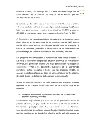 Conclusiones Finales


directivos (83.33%). Sin embargo, está conciente que debió trabajar más de
                                                                                    448
forma cercana con los docentes (69.75%) por ser el personal que trata
directamente con los alumnos.


El esfuerzo que hizo el Secretariado de reinterpretar la filosofía y la práctica
educativa lasallista, y ubicarla en un paradigma actual (sociocognitivo) fue una
labor que ganó confianza paulatina entre directivos (83.34%) y docentes
(73.53%); al igual que su trabajo de acompañamiento pedagógico (74.10%).


El Secretariado fue ganando credibilidad al grado de poder hacer propuestas
de modificación en las estructuras de las organizaciones (68.24%); esto se
percibe al modificar horarios para bloquear tiempos para las academias, el
cambio de formato de planeación, el fortalecimiento de los departamentos de
psicopedagogía, los cursos de actualización para docentes y directivos.


Los programas más exitosos son la planeación de clase acorde al modelo “T”
(75.80%), la elaboración del proyecto educativo (75.05%); las reuniones con
directivos, que permitieron entablar una mejor comunicación y participar sus
experiencias (77.78%); los documentos publicados por el Secretariado,
permitieron unificar conceptos y teorías para los directores (79.63%) en
general; no obstante, algunos de éstos no fueron conocidos por los docentes
(64.65%), debido a la deficiencia de los canales de comunicación.


Uno de los éxitos del Secretario fue iniciar una cultura de evaluación y revisión
constante de las prácticas pedagógicas tanto en los directivos como en los
docentes.


7.2.5. Percepción de mejora de la práctica educativa de los docentes vista
       desde los alumnos y docentes

Es interesante la percepción que tienen dos de los participantes claves del
proceso educativo, un grupo recibe los beneficios y el otro los brinda. La
transformación pedagógica realizada por el docente después de llevar una
serie de programas, presenta dos visiones: los alumnos reconocen que existen
cambios significativos en la práctica educativa dentro del aula; aunque en
 