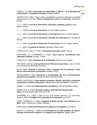 Bibliografía


CASAS, L. D. (2006): Evaluación de Capacidades y Valores – en la Sociedad del
Conocimiento – Perspectiva Didáctica. Arrayán Editores                                      465
CASTELLS, M. (1994): “Flujos, redes e identidades: una teoría crítica de la sociedad
informacional”, en VV.AA.: Nuevas perspectivas críticas en educación. Barcelona,
Paidós.

---------- (1997): La era de la información: Economía, sociedad y cultura,(Vol I),
Madrid, Alianza.

---------- (1998): La era de la información. (3 Vols.) Madrid, Alianza.

---------- (2001): La era de la información. La sociedad red (Vol. II), Madrid, Alianza.

---------- (2001): La era de la información. El poder de la identidad (Vol. III), Madrid,
Alianza.

---------- (2001): La era de la información. Fin del milenio (Vol. IV), Madrid, Alianza.

---------- (2001): La galasia de Internet, Barcelona, Plaza Janés.

CASTELLS, M. y HALL, P. (2001): Tecnópolis del mundo, Madrid, Alianza.

CASTORINA, J.A. y FERRIERO, E. (1996): Piaget-Vygotsky. Contribución para
replantear el debate. Ecuador, Paidós.

CASULLO, N. (1999): Itinerarios de la modernidad, Buenos Aires, Eudeba.

CCE (2000): e-Europe: Una sociedad de la información para todos, Lisboa, Informe
de la Comisión Comunidades Europeas.

CECA (1995): Enseñar y aprender. Hacia sociedad del conocimiento. Libro
blanco sobre educación y formación, Bruselas, CECA.

CEPAL/UNESCO (1992): Educación y conocimiento. Eje de la transformación
productiva con equidad, Santiago de Chile, Naciones Unidas.

CERDA, HUGO (2001): Como elaborar proyectos –Diseño, ejecución y evaluación
de proyectos sociales y educativos, editorial mesa redonda magisterio, Colombia.

CERÓN, S. (1998): Un modelo educativo para México, Editorial Santillana, México

CERRILLO, M. R. (2002): Enseñar a pensar: desarrollo del razonamiento
lógico, en Aula Abierta, 2002, (80), pp. 63-86.

CHALMERS, A.F. (1984): “¿Qué es esa cosa llamada ciencia?”, en Hernández,
Gerardo. (2002): Paradigmas en psicología de la educación; pp. 59-74

CHICO, GONZÁLEZ, P. (1995): Compartir la Misión de San Juan Bautista de La
Salle, Centro Vocacional La Salle, Valladolid.

CNEP (2000): Compromiso Social por la calidad en la educación, s/e, México

COLAS, P. y PABLOS, J. (2005): La Universidad en la Unión Europea. El Espacio
Europeo de Educación superior y su impacto en la docencia. Málaga, Aljibe.
 