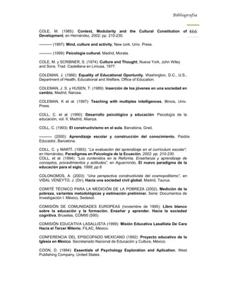 Bibliografía



COLE, M. (1985): Context, Modularity and the Cultural Constitution of                 466
Development, en Hernández, 2002: pp. 210-230.

---------- (1997): Mind, culture and activity, New cork. Univ. Press.

---------- (1999): Psicología cultural, Madrid, Morata.

COLE, M. y SCRIBNER, S. (1974): Culture and Thought, Nueva York, John Wiley
and Sons. Trad. Castellana en Limusa, 1977.

COLEMAN, J. (1966): Equality of Educational Oportunity, Washington, D.C., U.S.,
Department of Health, Educational and Welfare, Office of Education.

COLEMAN, J. S. y HUSEN, T. (1989): Inserción de los jóvenes en una sociedad en
cambio, Madrid, Narcea.

COLEMAN, K et al. (1997): Teaching with multiples intelligences, Illinois, Univ.
Press.

COLL, C. et al. (1990): Desarrollo psicológico y educación. Psicología de la
educación, vol. II, Madrid, Alianza.

COLL, C. (1993): El constructivismo en el aula, Barcelona, Graó.

---------- (2000): Aprendizaje escolar y construcción del conocimiento, Paidós
Educador, Barcelona.

COLL, C. y MARTÍ. (1993): “La evaluación del aprendizaje en el currículum escolar”,
en Hernández, Paradigmas en Psicología de la Ecuación, 2002: pp. 210-230.
COLL, et al. (1994): “Los contenidos en la Reforma. Enseñanza y aprendizaje de
conceptos, procedimientos y actitudes”, en Aguerrondo, El nuevo paradigma de la
educación para el siglo, 1999; pp.6

COLONOMOS, A. (2003): “Una perspectiva constructivista del cosmopolitismo”, en
VIDAL VENEYTO, J. (Dir), Hacia una sociedad civil global, Madrid, Taurus.

COMITÉ TÉCNICO PARA LA MEDICIÓN DE LA POBREZA (2002). Medición de la
pobreza, variantes metodológicas y estimación preliminar. Serie: Documentos de
Investigación I. México, Sedesol.

COMISIÓN DE COMUNIDADES EUROPEAS (noviembre de 1995): Libro blanco
sobre la educación y la formación. Enseñar y aprender. Hacia la sociedad
cognitiva, Bruselas, COM95 (590).

COMISIÓN EDUCATIVA LASALLISTA (1999): Misión Educativa Lasallista De Cara
Hacia el Tercer Milenio, FILAC, México.

CONFERENCIA DEL EPISCOPADO MEXICANO (1992): Proyecto educativo de la
Iglesia en México. Secretariado Nacional de Educación y Cultura, México.

COON, D. (1994): Essentials of Psychology Exploration and Aplication, West
Publishing Company, United States.
 