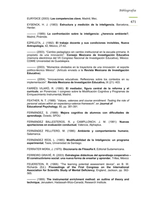 Bibliografía


EURYDICE (2003): Las competencias clave, Madrid, Mec.
                                                                                           471
EYSENCK, H. J. (1983): Estructura y medición de la inteligencia, Barcelona,
Herder.

---------- (1989): La confrontación sobre la inteligencia: ¿herencia ambiente?,
Madrid, Pirámide.

EZPELETA, J. (1992): El trabajo docente y sus condiciones invisibles, Nueva
Antropología, 42, México, 27-42.

---------- (2003). “Cambio pedagógico sin cambio institucional en la escuela primaria. A
propósito de una innovación”. Consejo Mexicano de Investigación Educativa
(memoria electrónica del VII Congreso Nacional de Investigación Educativa), México:
COMIE Universidad de Guadalajara.

---------- (2003). “Momentos olvidados en la trayectoria de una innovación: el soporte
político-técnico México”. (Artículo enviado a la Revista Mexicana de Investigación
Educativa).

---------- (2004). “Innovaciones educativas. Reflexiones sobre los contextos en su
implementación”. Revista Mexicana de Investigación Educativa, IX (21): 403.

FARRÉS VILARÓ, R. (1990): El mediador, figura central de la reforma y el
currículo, en Ponencias: I congreso sobre la Modificación Cognitiva y Programas de
Enriquecimiento Instrumental, Madrid.

FEATHER, N. T. (1988): “Values, valences and course enrollment: Testing the role of
personal values within an expectancy-valence framework”, en Journal of
Educational Psychology, 80, pp. 381-391.

FERNÁNDEZ, S. (1989): Mejora cognitiva de alumnos con dificultades de
aprendizaje, Oviedo, SPOU.

FERNÁNDEZ BALLESTEROS, R. y CAMPLLONCH, J. M. (1981): Nuevas
aportaciones en evaluación conductual, Valencia, Alphaplus.

FERNÁNDEZ PELLITERO, M. (1986): Ambiente y comportamiento humano,
Salamanca.

FERNÁNDEZ RÍOS, L. (1985): Modificabilidad de la Inteligencia: un programa
experimental, Tesis, Universidad de Santiago.

FERRATER MORA, J. (1975): Diccionario de Filosofía II, Editorial Sudamericana.

FERREIRO GRAVIÉ, R. (2003): Estrategias didácticas del aprendizaje cooperativo –
El constructivismo social: una nueva forma de enseñar y aprender, Trillas, México

FEUERSTEIN, R. (1968): “The learning potential assessment device”, en B. W.
Richards (Ed.): Proceedings of the First Congress on the International
Association for Scientific Study of Mental Deficiency, England, Jackson, pp. 562-
565.

---------- (1969): The instrumental enrichment method: an outline of theory and
technique, Jerusalem, Hadassah-Wizo-Canadá, Research Institute.
 