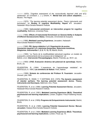 Bibliografía



---------- (1972): “Cognitive assessment of the socioculturally deprived child and        472
adolescent”, en Cronbach, L. J. y Drenth, P.: Mental test and culture adaptation,
Mouton, The Hague.

---------- (1972): “The learning potential assessment device. Theory instruments and
techniques”, en Studies in cognitive Modifiability. Report nº1. Jerusalem:
Hadassah–Wizo-Canada Research Institute.

---------- (1980): Instrumental enrichment: an intervention program for cognitive
modifiability, Baltimore, University Press.

---------- (1985): Effects of Instrumental Enrichment on General Ability in Subjects
of Different Socioeconomic Status, Venezuela, Universidad de Guayana.

---------- (1986): Mediated Learning Experience, Jerusalem, Hadassah-
Wizo-Canada Research Institute.

---------- (1988): PEI, Apoyo didáctico I y II: Organización de puntos,
Orientación espacial I y II, relaciones temporales, Relaciones transitivas,
Silogismos. Instrumentos 1, 2, 6, 11, 12, 13, Madrid, Bruño.

---------- (1993): “La Teoría de la modificabilidad estructural cognitiva: un modelo de
evaluación y entrenamiento de los procesos de la Inteligencia”, en
Beltrán, et al.: Intervención Psicopedagógica, Madrid, Pirámide, pp. 39-51, (a).

---------- (1993): LPAD. Evaluación dinámica del potencial de aprendizaje, Madrid,
Bruño, (b).

FEUERSTEIN, R. (1994): “L´experience de l´apprentissage               médiatisé”,   en
BENTOLILA, A. 1994): Les entretiens de Nathan. Paris, Nathan.

---------- (1999): Síntesis de conferencias del Profesor R. Feuerstein: Jerusalén-
Shoresh, julio 1999

FEUERSTEIN, R.; RAND, Y. Y HOFFMAN, M.D. (1979): The dynamic assessment
of retarder perfoers: The learning potential assessment device. Theory,
instruments and thecniques, Baltimore, Univ. Press.

FEUERSTEIN, R. et al. (1986): Learning Potential Assessment Device, Jerusalem,
Hadassah-Wizo-Canada Research Institute.

FEUERSTEIN, R. et al. (1991): Mediated Learning Experience (MLE): Theoretical
psychosocial and learning implications, London, England: Freud Publishing House,
Ltd.

FEUERSTEIN, R. et al. (1995): Programa de Enriquecimiento Instrumental, Madrid,
Bruño.

FEUERSTEIN, R. et al. (1985): Learning Potential Assessment Device: Manual,
Jerusalem, Hadaza-Wizo-Canada Research Institute.

FEUERSTEIN, R. et al. (1994): Mediated Learning Experience (MLE): Theoretical,
psychosocial and learning implications, London, Freud, pp. 15.
 