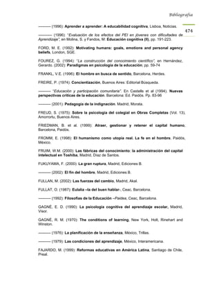 Bibliografía


---------- (1996): Aprender a aprender: A educabilidad cognitiva, Lisboa, Noticias.
                                                                                        474
----------- (1996): “Evaluación de los efectos del PEI en jóvenes con dificultades de
Aprendizaje”, en Molina, S. y Fandos, M: Educación cognitiva (II), pp. 191-223.

FORD, M. E. (1992): Motivating humans: goals, emotions and personal agency
beliefs, London, SGE.

FOUREZ, G. (1994): “La construcción del conocimiento científico”, en Hernández,
Gerardo. (2002): Paradigmas en psicología de la educación; pp. 59-74

FRANKL, V.E. (1996): El hombre en busca de sentido, Barcelona, Herdes.

FREIRE, P. (1974): Concientización, Buenos Aires: Editorial Búsqueda.

---------- “Educación y participación comunitaria”. En Castells et al (1994). Nuevas
perspectivas críticas de la educación. Barcelona: Ed. Paidós. Pp. 83-96

---------- (2001): Pedagogía de la indignación. Madrid, Morata.

FREUD, S. (1975): Sobre la psicología del colegial en Obras Completas (Vol. 13),
Amorrortu, Buenos Aires.

FRIEDMAN, B. et al. (1999): Atraer, gestionar y retener el capital humano,
Barcelona, Paidós.

FROMM, E. (1998): El humanismo como utopía real. La fe en el hombre, Paidós,
México.

FRUIM, W.M. (2000): Las fábricas del conocimiento: la administración del capital
intelectual en Toshiba, Madrid, Díaz de Santos.

FUKUYAMA, F. (2000): La gran ruptura, Madrid, Ediciones B.

---------- (2002): El fin del hombre, Madrid, Ediciones B.

FULLAN, M. (2002): Las fuerzas del cambio, Madrid, Akal.

FULLAT, O. (1987): Eulalia –la del buen hablar-, Ceac, Barcelona.

---------- (1992): Filosofías de la Educación –Paidea, Ceac, Barcelona.

GAGNÉ, E. D. (1990): La psicología cognitiva del aprendizaje escolar, Madrid,
Visor.

GAGNÉ, R. M. (1970): The conditions of learning, New York, Holt, Rinehart and
Winston.

---------- (1976): La planificación de la enseñanza, México, Trillas.

---------- (1979): Las condiciones del aprendizaje, México, Interamericana.

FAJARDO, M. (1999): Reformas educativas en América Latina, Santiago de Chile,
Preal.
 