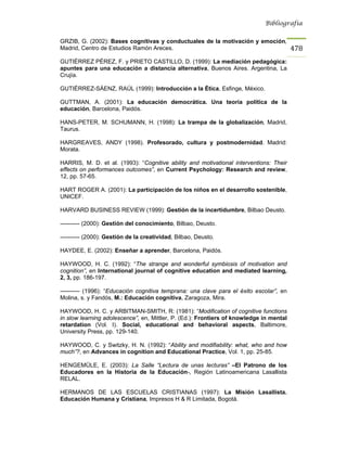 Bibliografía


GRZIB, G. (2002): Bases cognitivas y conductuales de la motivación y emoción,
Madrid, Centro de Estudios Ramón Areces.                                                 478
GUTIÉRREZ PÉREZ, F. y PRIETO CASTILLO, D. (1999): La mediación pedagógica:
apuntes para una educación a distancia alternativa, Buenos Aires. Argentina, La
Crujía.

GUTIÉRREZ-SÁENZ, RAÚL (1999): Introducción a la Ética, Esfinge, México.

GUTTMAN, A. (2001): La educación democrática. Una teoría política de la
educación, Barcelona, Paidós.

HANS-PETER, M. SCHUMANN, H. (1998): La trampa de la globalización, Madrid,
Taurus.

HARGREAVES, ANDY (1998). Profesorado, cultura y postmodernidad. Madrid:
Morata.

HARRIS, M. D. et al. (1993): “Cognitive ability and motivational interventions: Their
effects on performances outcomes”, en Current Psychology: Research and review,
12, pp. 57-65.

HART ROGER A. (2001): La participación de los niños en el desarrollo sostenible,
UNICEF.

HARVARD BUSINESS REVIEW (1999): Gestión de la incertidumbre, Bilbao Deusto.

---------- (2000): Gestión del conocimiento, Bilbao, Deusto.

---------- (2000): Gestión de la creatividad, Bilbao, Deusto.

HAYDEE, E. (2002): Enseñar a aprender, Barcelona, Paidós.

HAYWOOD, H. C. (1992): “The strange and wonderful symbiosis of motivation and
cognition”, en International journal of cognitive education and mediated learning,
2, 3, pp. 186-197.

---------- (1996): “Educación cognitiva temprana: una clave para el éxito escolar”, en
Molina, s. y Fandós, M.: Educación cognitiva, Zaragoza, Mira.

HAYWOOD, H. C. y ARBITMAN-SMITH, R: (1981): “Modification of cognitive functions
in slow learning adolescence”, en, Mittler, P. (Ed.): Frontiers of knowledge in mental
retardation (Vol. I). Social, educational and behavioral aspects, Baltimore,
University Press, pp. 129-140.

HAYWOOD, C. y Switzky, H. N. (1992): “Ability and modifiability: what, who and how
much”?, en Advances in cognition and Educational Practice, Vol. 1, pp. 25-85.

HENGEMÜLE, E. (2003): La Salle “Lectura de unas lecturas” –El Patrono de los
Educadores en la Historia de la Educación-, Región Latinoamericana Lasallista
RELAL.

HERMANOS DE LAS ESCUELAS CRISTIANAS (1997): La Misión Lasallista.
Educación Humana y Cristiana, Impresos H & R Limitada, Bogotá.
 